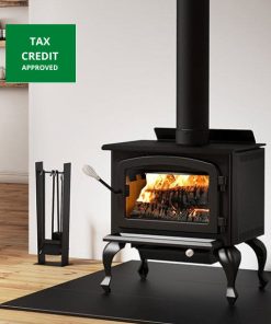 Drolet Columbia II Wood Burning Stove burning bright in a cozy home