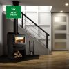 Drolet Deco II Wood Burning Stove burning warmly in a modern living room
