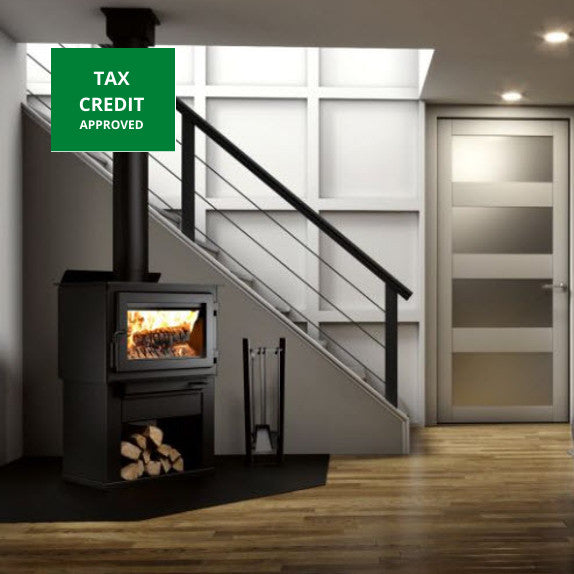 Drolet Deco II Wood Burning Stove burning warmly in a modern living room