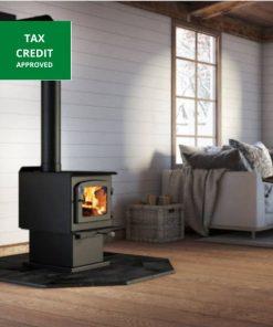 Drolet Escape 1200 Wood Burning Stove providing cozy warmth in a living room