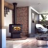 Drolet Escape 1800 Wood Stove providing warm fire in a cozy living room