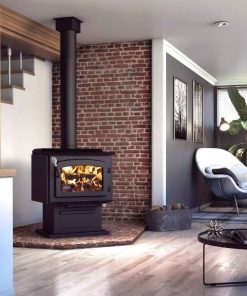 Drolet Escape 1800 Wood Stove providing warm fire in a cozy living room