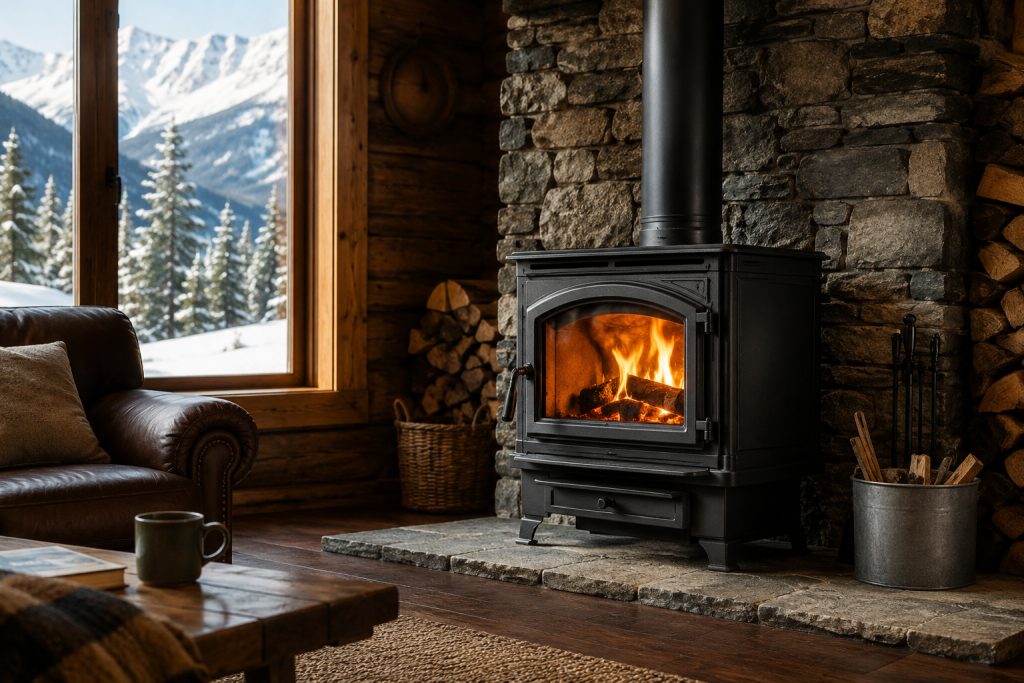 Cozy cabin interior featuring a premium wood-burning stove heating a Canadian home during winter with snow-covered mountains visible outside.