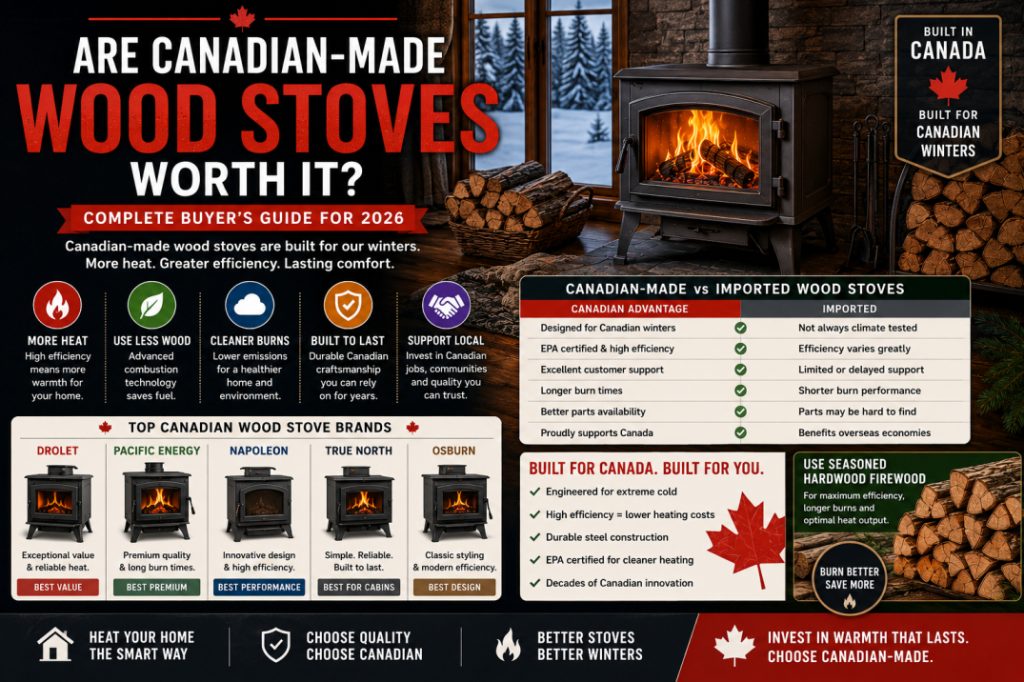 Canadian-made wood stove heating a cozy home during winter, showcasing the durability and efficiency of Canadian-built wood-burning stoves.