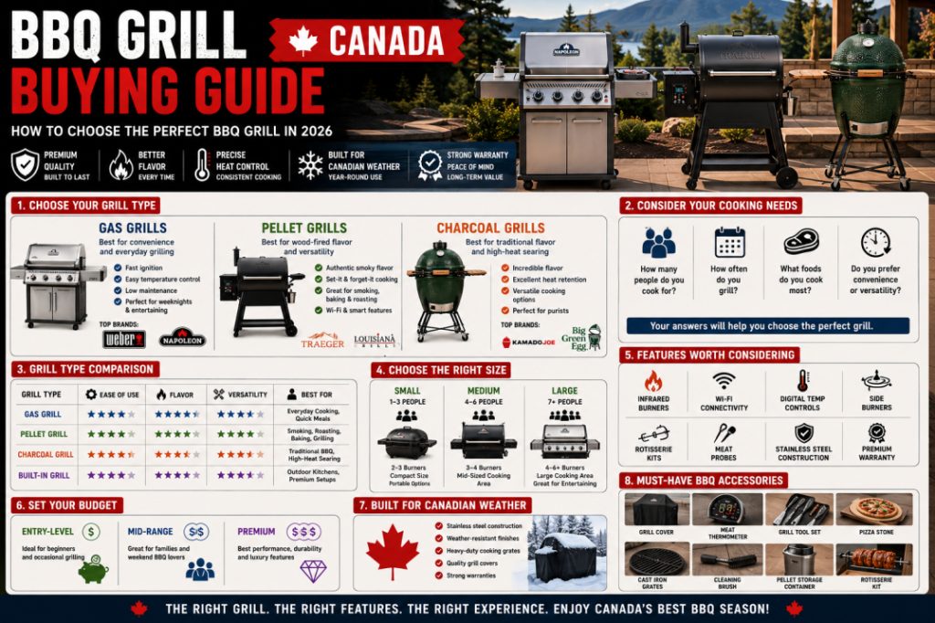 Comprehensive BBQ grill buying guide for Canadian homeowners comparing gas, pellet, charcoal, and built-in grills for outdoor cooking.