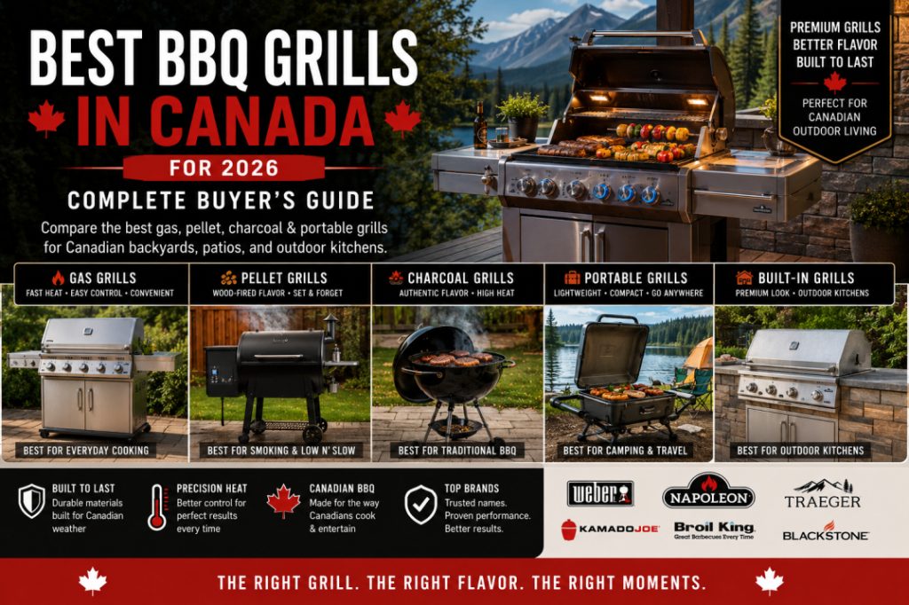 Premium gas, pellet, charcoal, portable, and built-in BBQ grills for Canadian outdoor cooking and backyard entertaining in 2026.