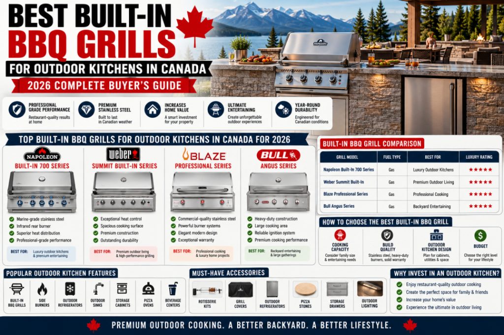 Luxury built-in BBQ grills for outdoor kitchens in Canada featuring premium stainless steel gas grills for backyard entertaining and outdoor cooking.