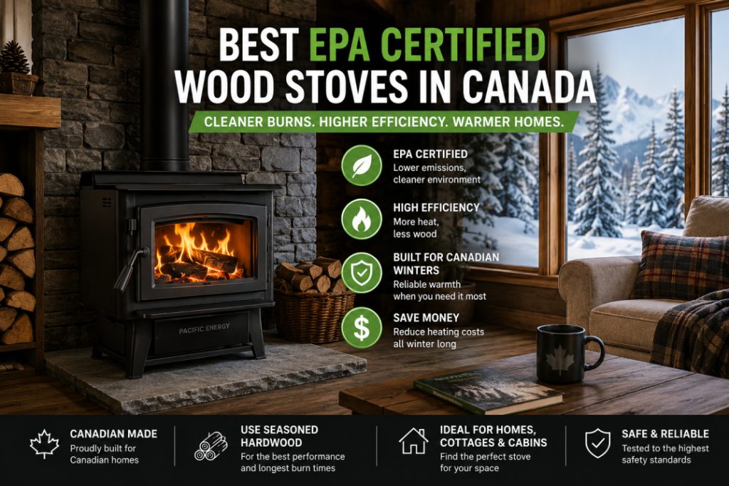 Premium EPA certified wood stove heating a Canadian cabin during winter, showcasing energy-efficient and clean-burning home heating technology.