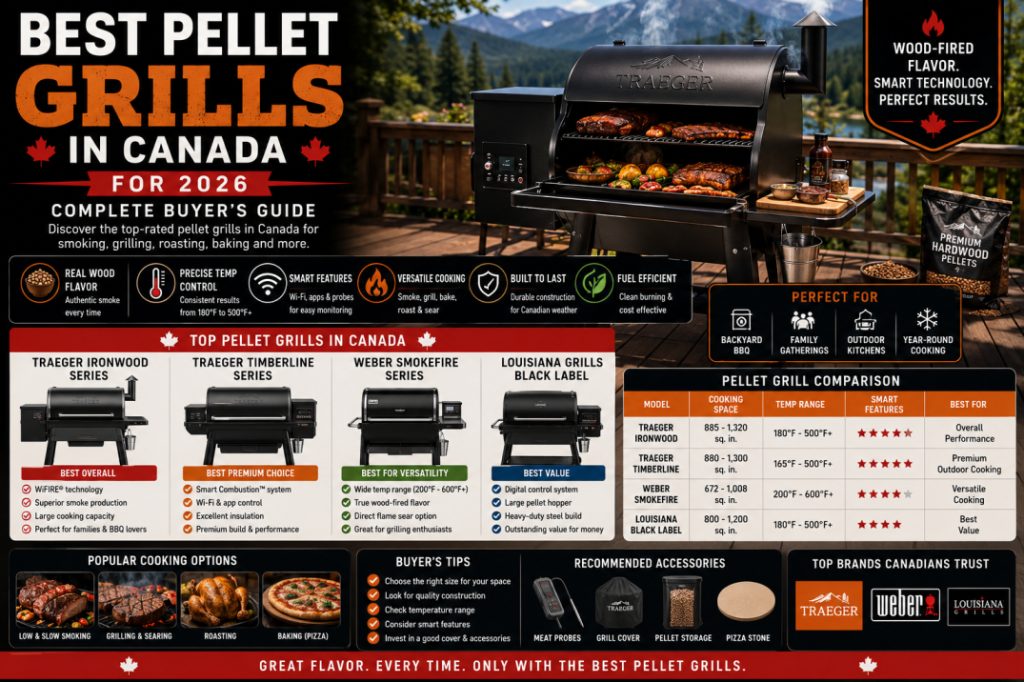 Premium wood pellet grills in Canada featuring top-rated models for smoking, grilling, roasting, and year-round outdoor cooking.