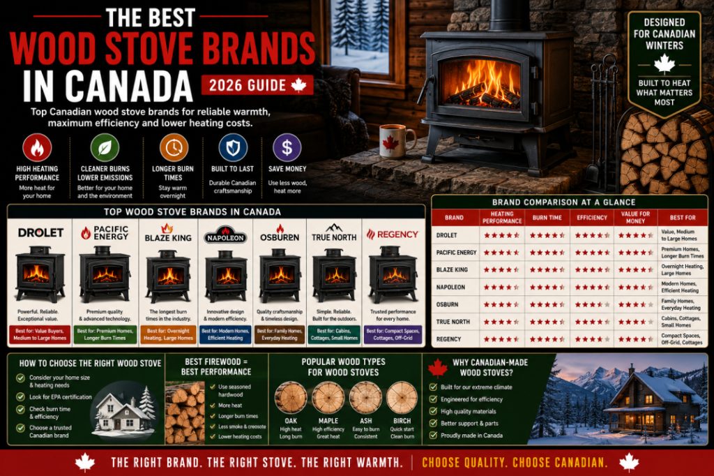 Comparison of the best wood stove brands in Canada, featuring premium wood-burning stoves designed for efficient home heating during Canadian winters.