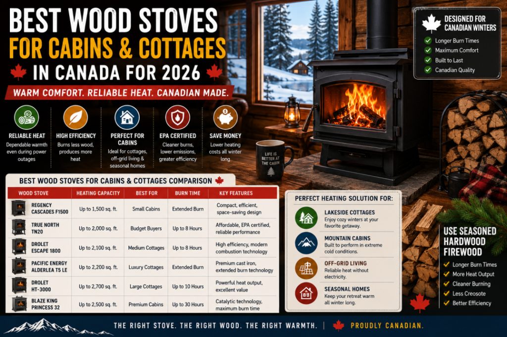 Cozy Canadian cabin featuring a premium wood-burning stove designed for efficient cottage and off-grid winter heating in Canada.