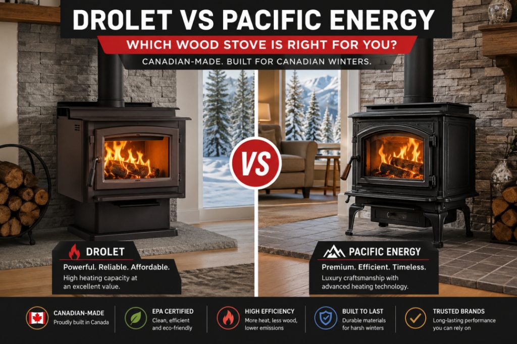 Side-by-side comparison of Drolet and Pacific Energy wood stoves designed for Canadian homes and winter heating performance.