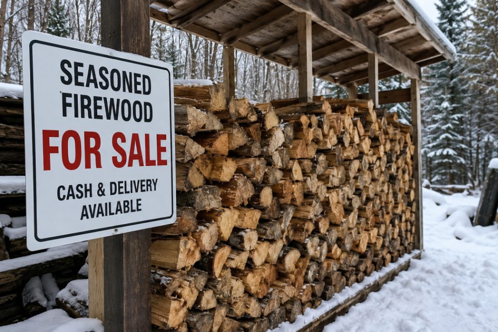 Seasoned firewood for sale in Canada stacked under a covered outdoor shelter during winter