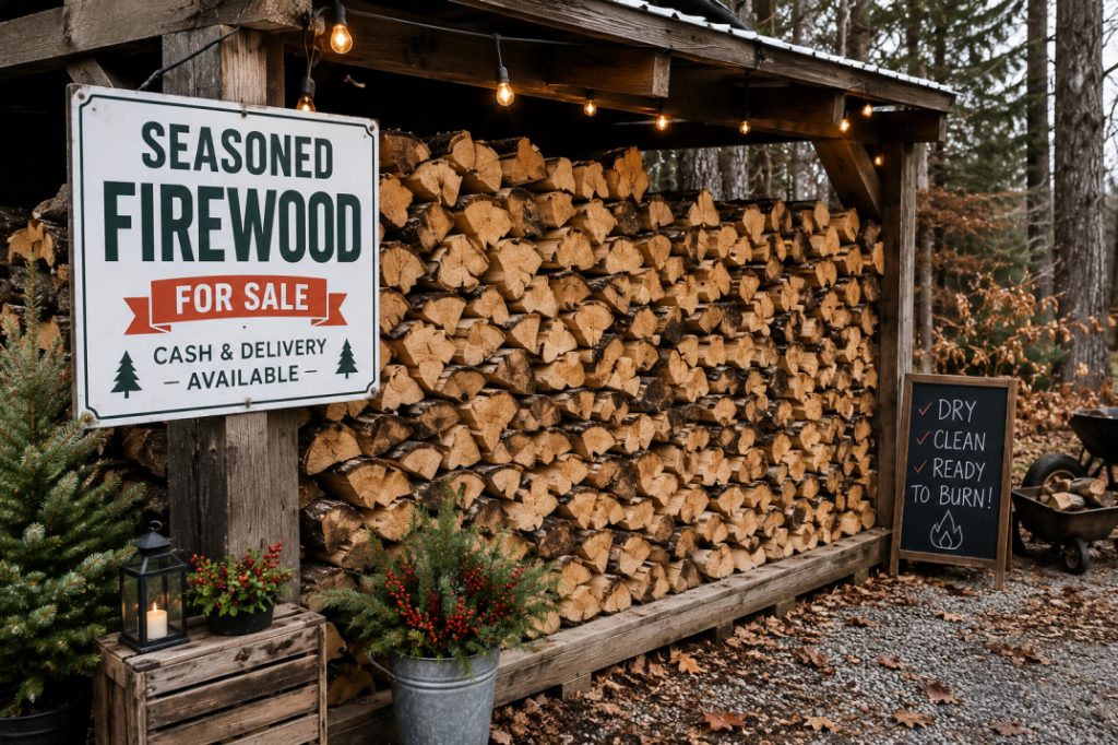Seasoned firewood neatly stacked in a covered woodshed and ready for home heating