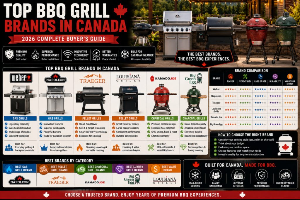 Top-rated BBQ grill brands in Canada featuring premium gas, pellet, and charcoal grills for backyard cooking and outdoor kitchens.
