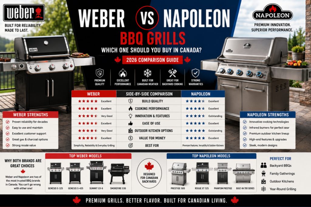 Side-by-side comparison of Weber and Napoleon premium BBQ grills designed for Canadian backyard grilling and outdoor cooking.