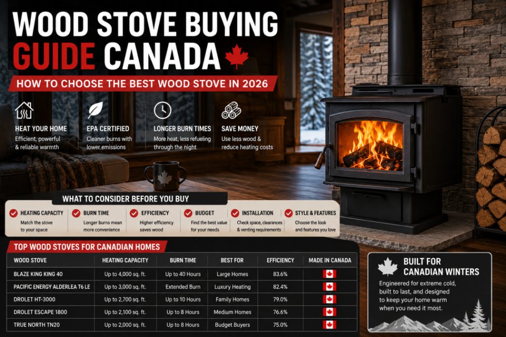 Premium wood stove in a Canadian home featured in the ultimate Wood Stove Buying Guide Canada for efficient winter heating.
