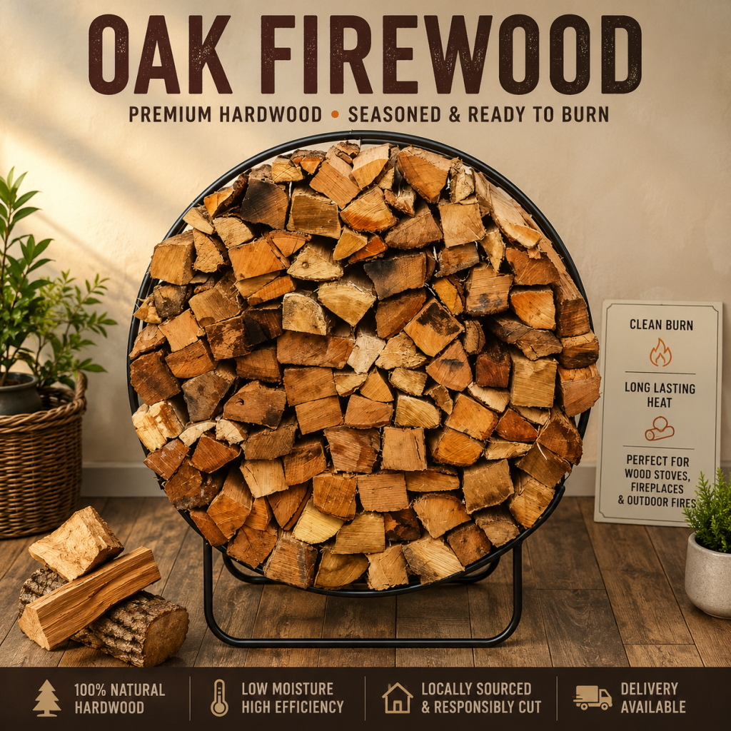 Seasoned oak firewood for sale stacked in a round rack and ready for fireplaces and wood stoves